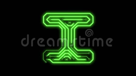 动画绿色霓虹灯发光字母I作为电路板风格视频的预览图