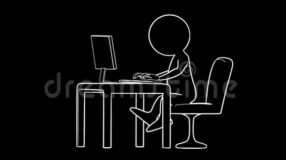 打字卡通人物的动画黑色背景上的白线办公室局教室家视频的预览图