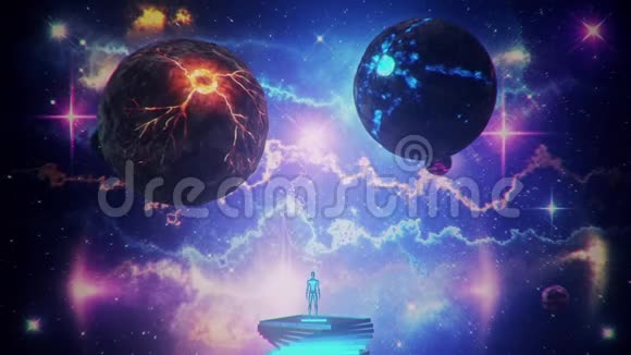 带有星云和光线的科幻空间行星动画循环背景视频的预览图