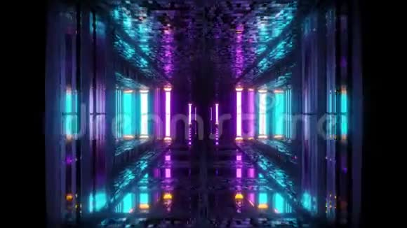 未来科幻空间飞机库隧道走廊与反光砖纹理三维插图运动背景直播视频的预览图