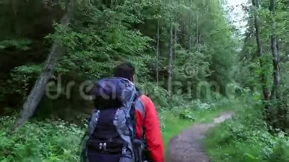 人徒步穿越森林有摄像头跟踪他视频的预览图