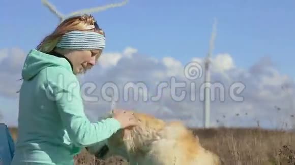 女人狗和风力涡轮机视频的预览图