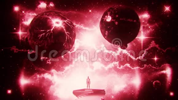 带有星云和星环运动背景的红色科幻空间飞行器视频的预览图