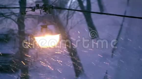 暴风雪期间夜间的路灯视频的预览图