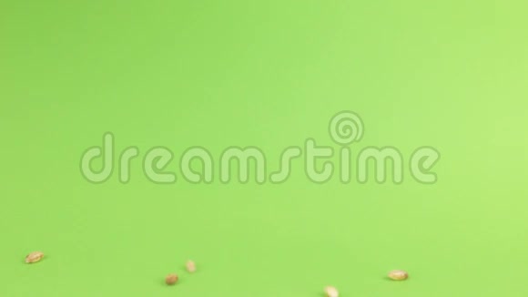 珍珠大麦落在绿色屏风上的珍珠大麦堆上视频的预览图