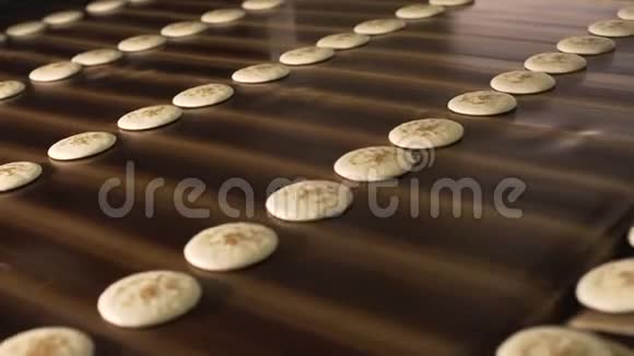 传送带上的饼干生产圆形饼干视频的预览图