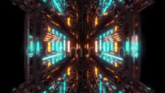 未来感空间飞机库隧道走廊三维插图与砖块纹理和发光空调运动视频的预览图