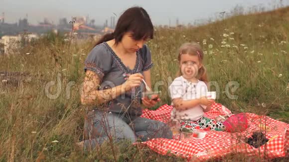 一家有两个人妈妈和一个孩子在周末野餐视频的预览图