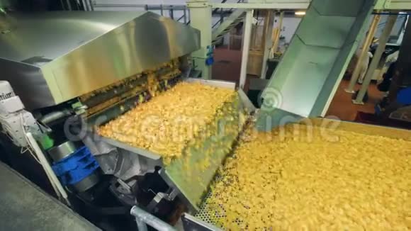 一家食品厂的现代输送机上的新鲜薯片视频的预览图