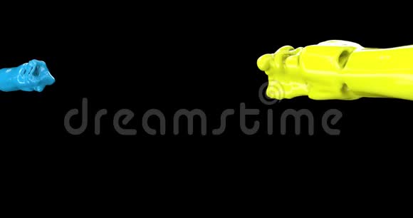 蓝色和黄色油漆的两个喷射碰撞和混合液体中的喷雾剂向不同的方向扩散慢动作视频的预览图