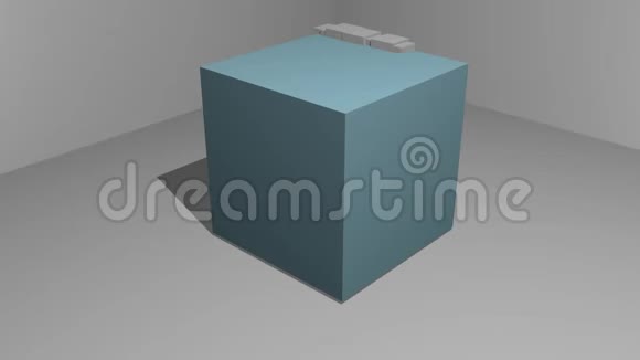 立方物体上的立方粒子运动动画三维电影蓝色立方体和浅灰色空间上的灰色粒子视频的预览图