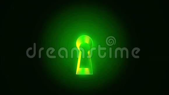 摘要霓虹灯绿色钥匙孔图标和隧道的相同图形轮廓在黑色背景动画概念视频的预览图