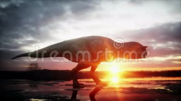 恐龙史前时期岩石景观精彩的日出逼真的4K动画视频的预览图