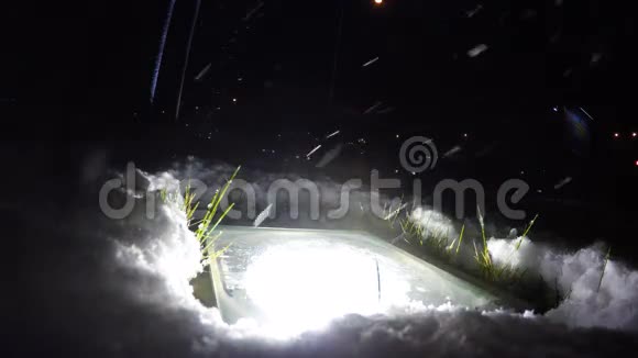 路灯照亮了雪地雪下青草视频的预览图