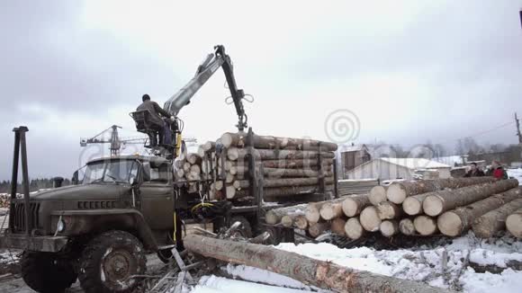 重型爪式装载机从锯木厂的重型卡车上卸下原木视频的预览图