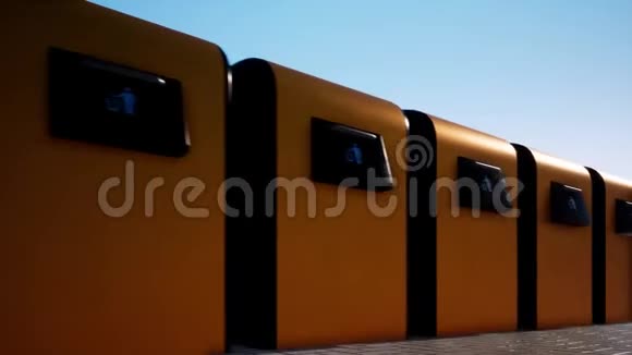 橙色的一排铁制垃圾桶衬着晴朗的蓝天垃圾分类节约环境视频的预览图