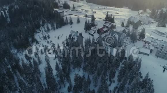 冬天的雪布维尔市的森林日出无人机在山上飞行视频的预览图