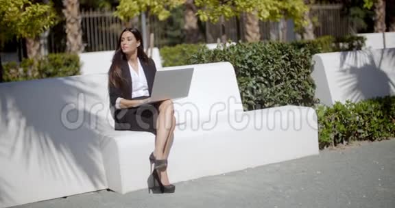 年轻女子在白色的公园长椅上使用笔记本电脑视频的预览图