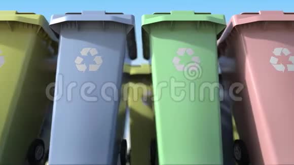 许多塑料垃圾桶用于分类生活垃圾可循环运动背景视频的预览图