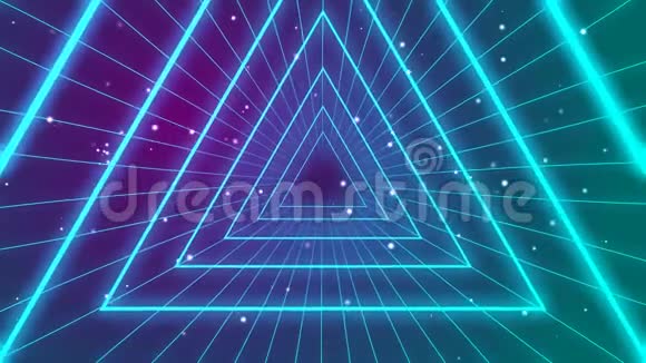上世纪80年代的复古电波发光霓虹灯三角隧道飞鲁动画无缝循环视频的预览图