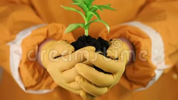 穿着橙色防护服的人手里拿着泥土和绿色的年轻植物视频的预览图