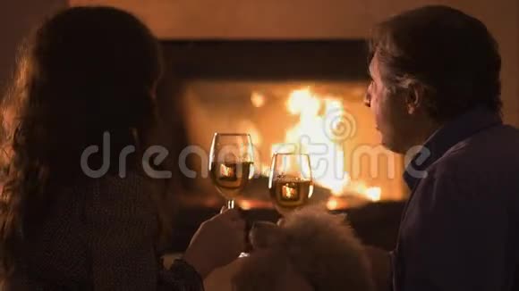 一对夫妇坐在壁炉旁喝酒视频的预览图
