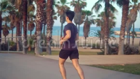 年轻人在海滩附近的棕榈树公园跑步视频的预览图