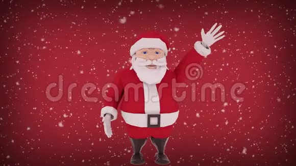 圣诞老人挥手微笑着雪花落红背景动画贺卡圣诞快乐视频的预览图