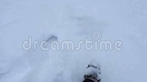 人走过雪然后抬起头看到山上的树视频的预览图