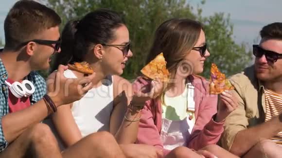 夏天公园野餐时吃披萨的朋友视频的预览图
