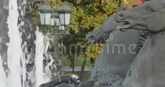 公园里的喷泉和马的雕塑视频的预览图