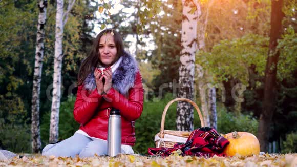 秋天公园里坐在野餐上喝热水壶里的热茶的年轻冷女人坐在地毯上的女孩视频的预览图
