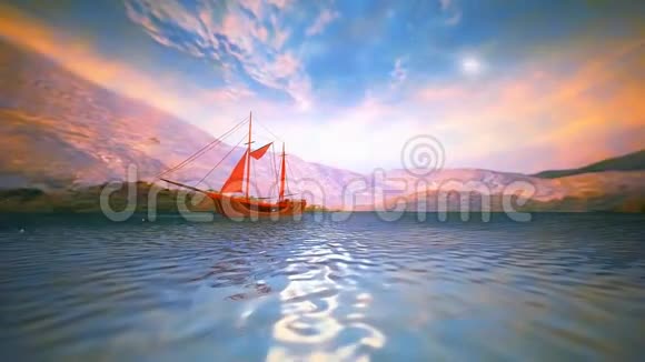 24个3D动画春天山海景观与红色帆船视频的预览图