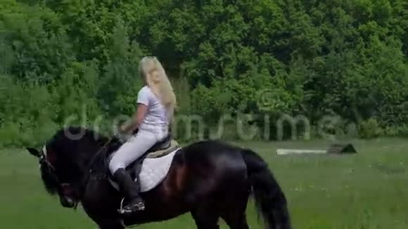 一个穿着白色头发和白色衣服的漂亮女孩骑着一匹黑色棕色的种马女孩让马表演各种美丽视频的预览图