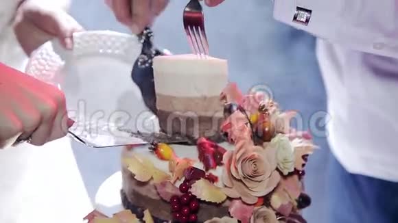 这对夫妇切了结婚蛋糕三层是Rustic视频的预览图