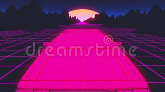 80年代风格的赛博朋克汽车在虚拟霓虹灯景观上移动3D渲染视频的预览图