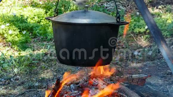 在营地的火堆上点燃了旅游壶男人搅动食物瓢视频的预览图