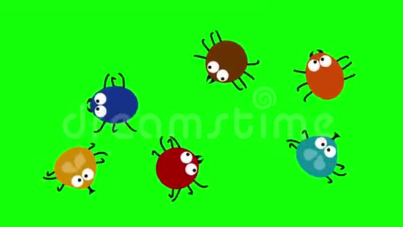 有趣的彩色昆虫爬行在绿色屏幕上二维动画循环视频的预览图