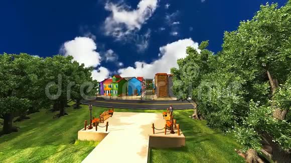 21个3D动画的城镇和一条林荫大道在风中视频的预览图