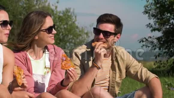 夏天公园野餐时吃披萨的朋友视频的预览图