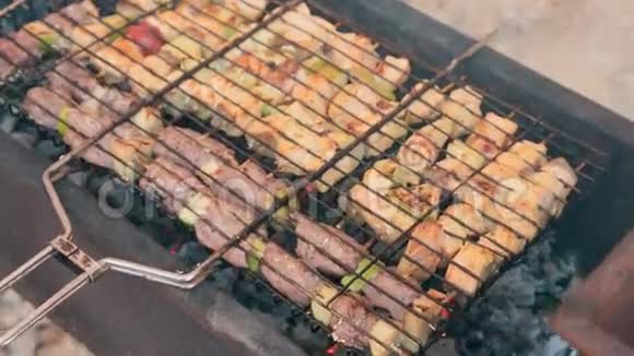 美味的不同种类的肉和蔬菜在户外烧烤时用燃烧的煤煮熟视频的预览图