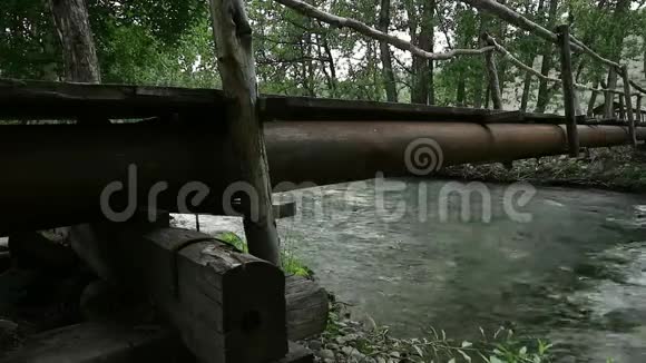 年轻女子正沿着山河上一座狭窄的木桥走着露营和冒险概念视频的预览图