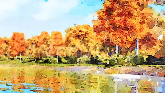 带有秋树和湖泊的水色景观视频的预览图