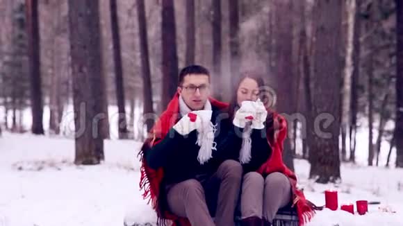 年轻情侣一对在冬天的森林里玩得开心视频的预览图