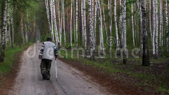 有手杖的老人在乡间小路上晨练视频的预览图