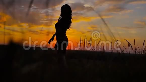一位美丽的少女站在美丽的日落背景上的剪影视频的预览图