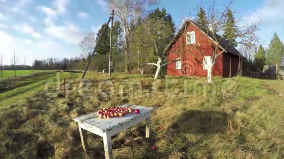 桌子上有苹果树和苹果的红色木屋时间流逝4K视频的预览图