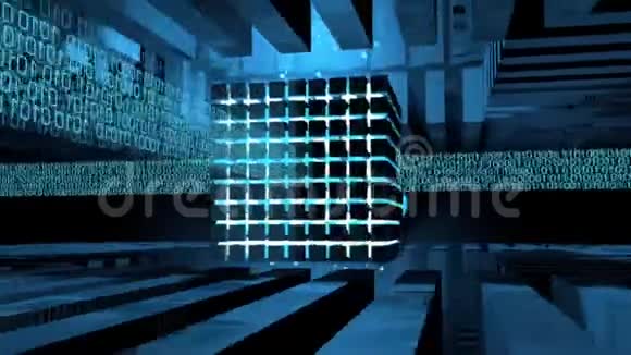 计算机核心是由一个金属结构中的立方体用蓝光照射形成的接收来自你的二元信息线视频的预览图