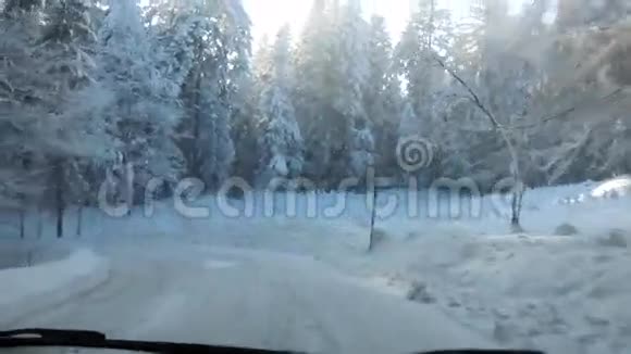 在白雪皑皑的道路上穿过冬天的森林视频的预览图