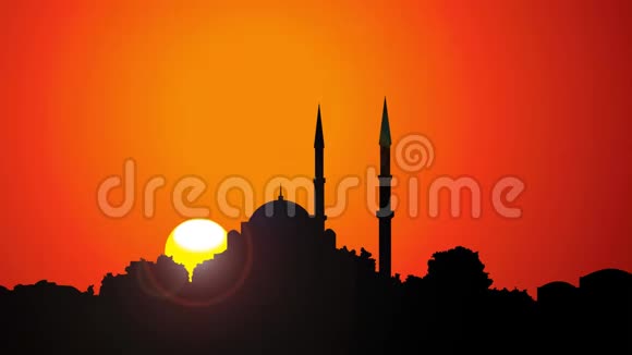 全景物剪影清真寺下午金色夕阳视频的预览图